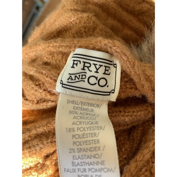 FRYE Boot Co Scarf 70" Long Soft Blend Cream Cable Knit Brown Faux Fur Pom Pom - Picture 5 of 10